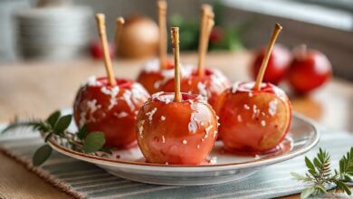 Maçãs do amor vermelhas com calda brilhante, espetadas em palitos e dispostas sobre papel manteiga.