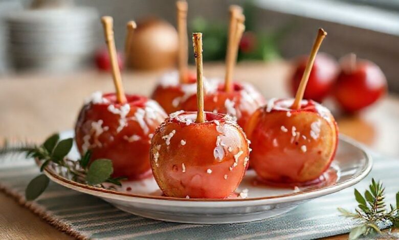 Maçãs do amor vermelhas com calda brilhante, espetadas em palitos e dispostas sobre papel manteiga.