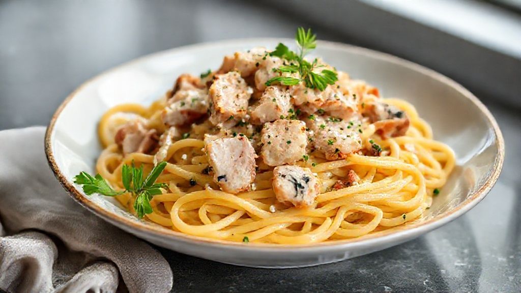 Prato de macarrão com atum finalizado com parmesão e salsinha, massa al dente e molho leve de tomate