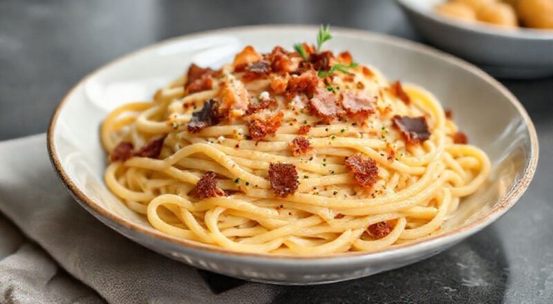 Prato de macarrão cremoso com bacon gratinado, com queijo derretido e pedaços crocantes de bacon.