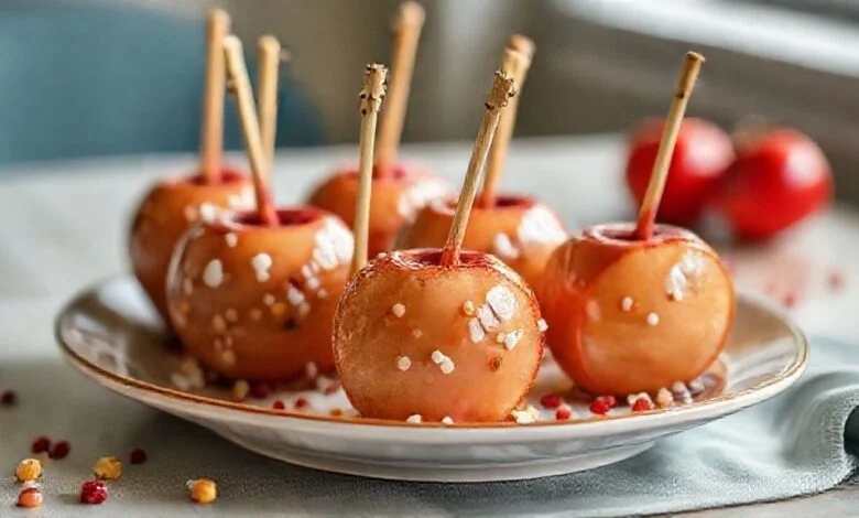Maçãs vermelhas reluzentes com calda crocante e uniforme, prontas para servir em festa junina
