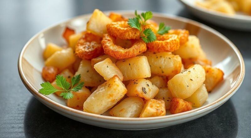 Mandioca dourada e crocante servida em uma tigela de madeira, acompanhada de molho cremoso