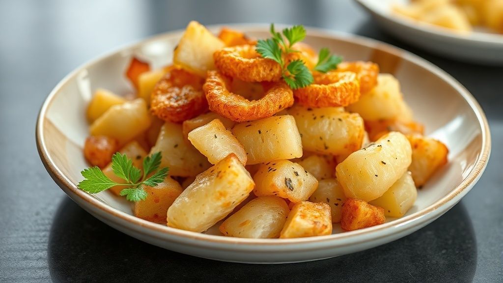 Mandioca assada crocante dourada e sequinha servida em prato rústico, perfeita como petisco