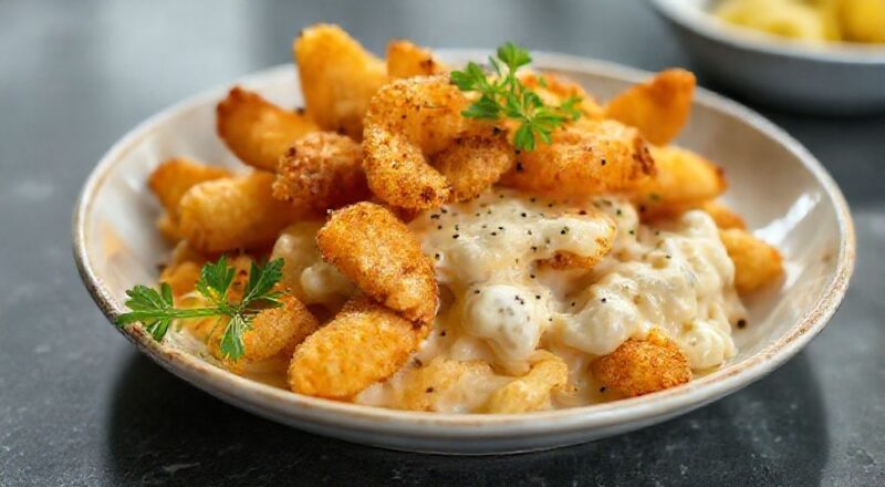 Porção de mandioca frita dourada e crocante servida em tigela rústica, com textura cremosa por dentro e crosta perfeita.