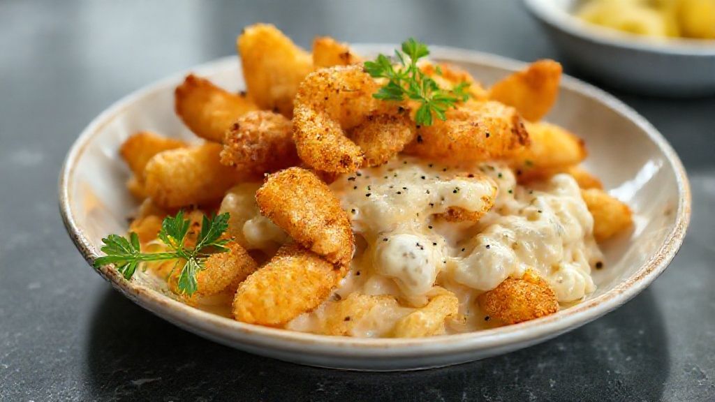 Porção de mandioca frita cremosa crocante dourada, servida em prato rústico com ervas frescas