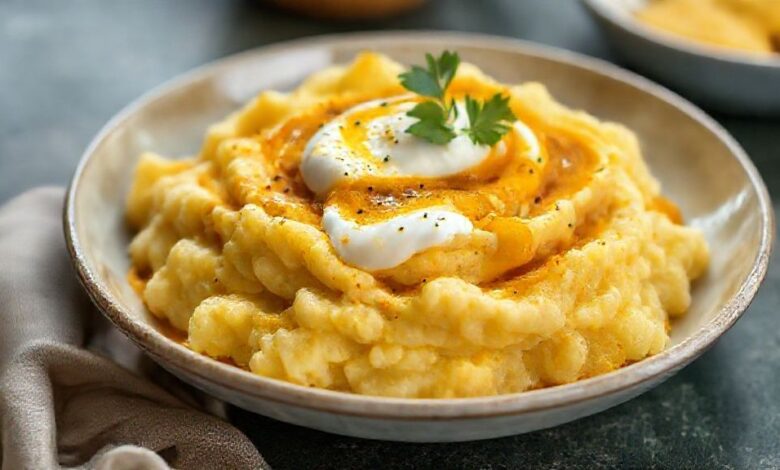 Prato pronto de mandioquinha ao curry servido em tigela, com molho cremoso dourado e coentro fresco por cima