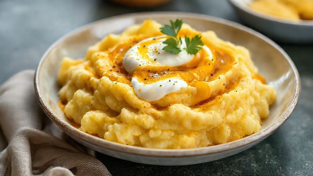 Prato pronto de mandioquinha ao curry servido em tigela, com molho cremoso dourado e coentro fresco por cima