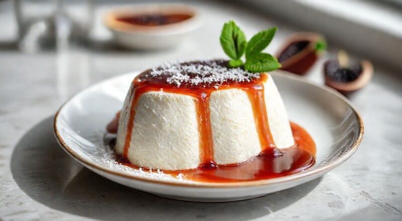 Sobremesa clássica de manjar de coco com calda de ameixa, servida em prato decorativo com brilho e contraste de cores.