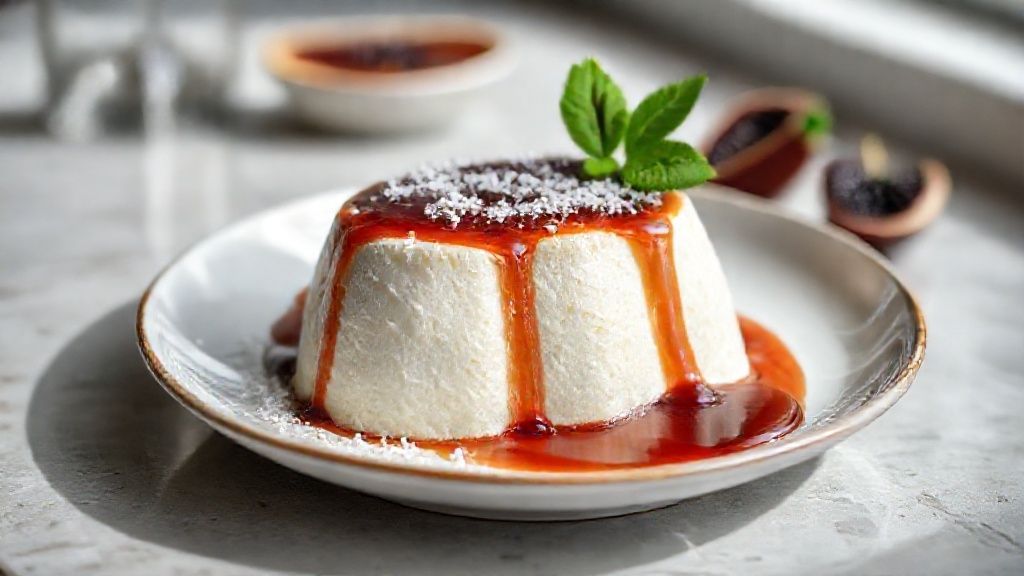 Manjar de coco com calda de ameixa servido em travessa, com calda brilhante e ameixas inteiras decorando o topo