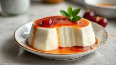 Manjar de coco moldado e desenformado com calda de ameixa brilhante por cima, decorado com coco ralado.