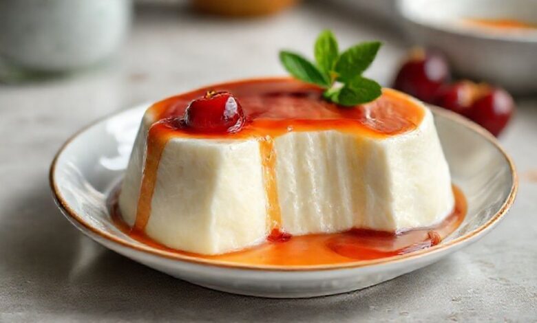 Manjar de coco moldado e desenformado com calda de ameixa brilhante por cima, decorado com coco ralado.