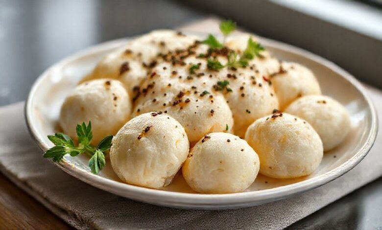 Salgadinhos dourados e macios feitos com massa assada, servidos em uma cesta de fibra ou prato de porcelana