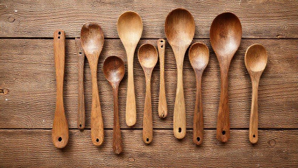 Vista de cima mostrando diferentes modelos de colheres de pau organizadas sobre bancada rústica