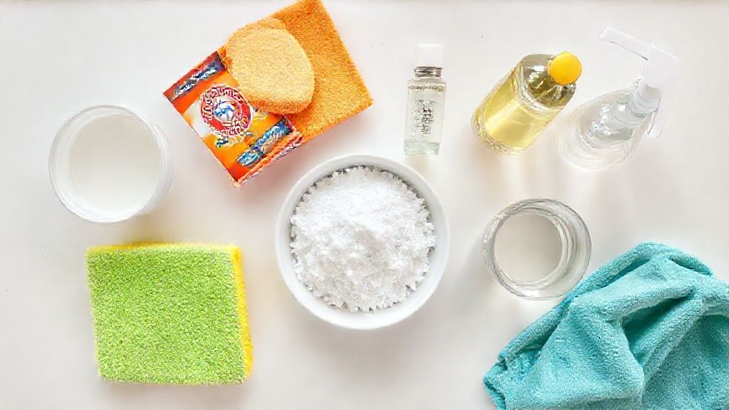 Vista de cima mostrando esponjas, detergente, bicarbonato e vinagre organizados sobre uma bancada.