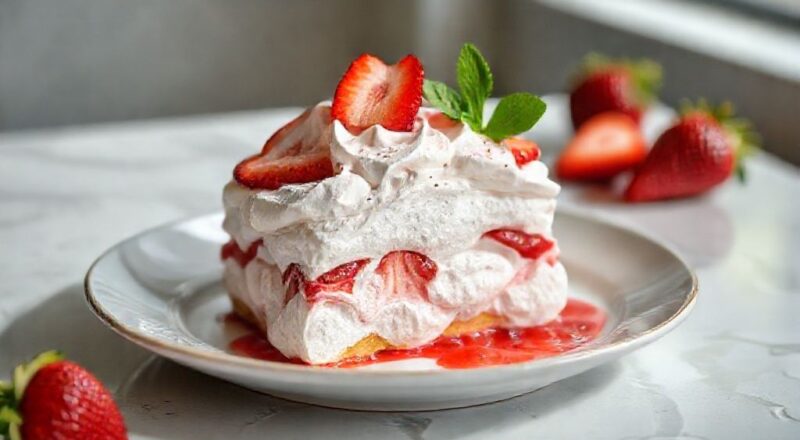 Sobremesa servida em taça, com camadas de chantilly, suspiro crocante e morangos frescos