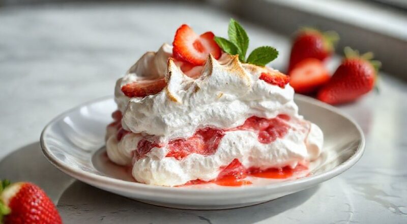 Taça elegante com camadas de merengue crocante, creme suave e morangos frescos decorados com hortelã.