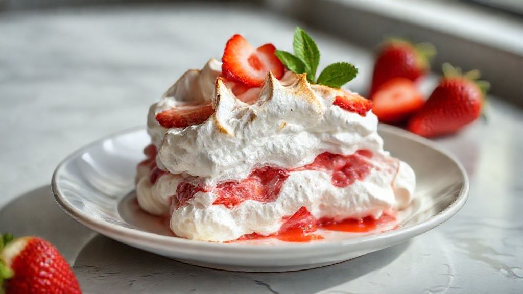 Merengue de morango com creme leve servido em taça com morangos frescos e decoração delicada