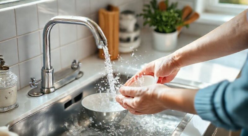 Pia limpa e organizada, pessoa lavando louça com água quente e utensílios brilhando sob luz natural.