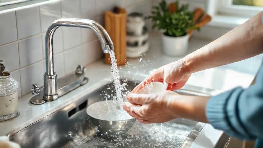 Pessoa lavando louça rápido com pia organizada e utensílios limpos, demonstrando o método de como lavar louça rápido.