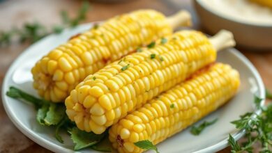 Espigas de milho verde cozidas e brilhantes, servidas com manteiga derretida e sal em uma travessa rústica.