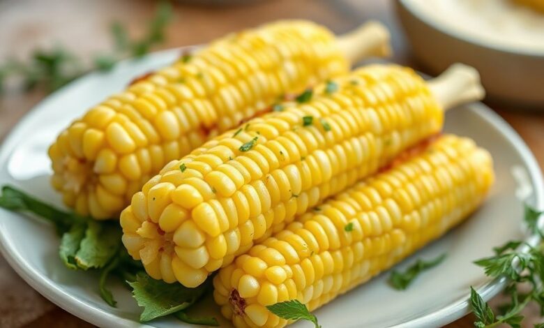 Espigas de milho verde cozidas e brilhantes, servidas com manteiga derretida e sal em uma travessa rústica.