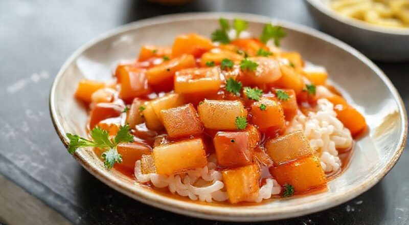Tigela de molho agridoce caseiro com cor vibrante e textura aveludada, servida em uma mesa elegante
