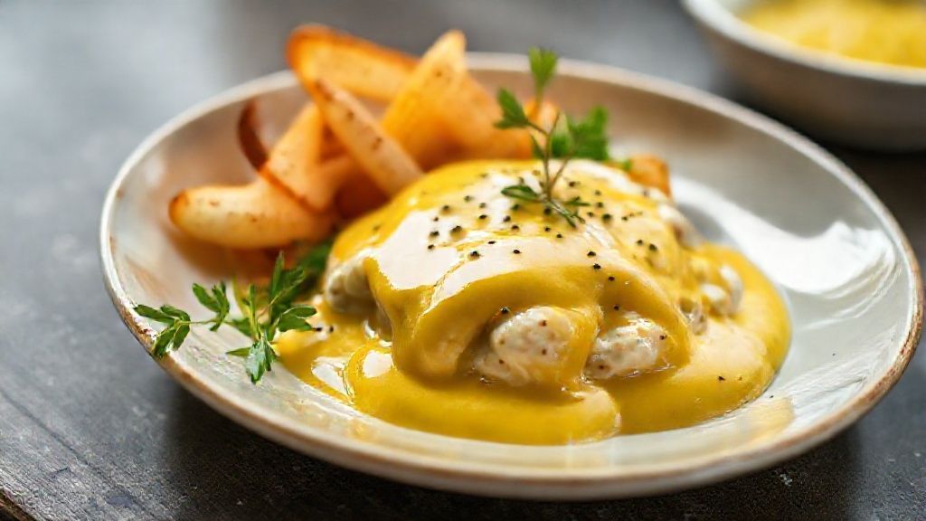 Tigela com molho de mostarda e mel cremoso e dourado pronto para servir com saladas e carnes.