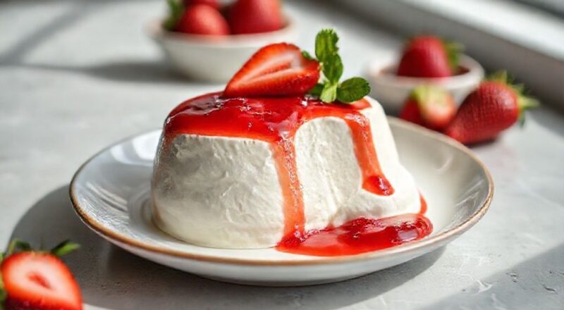 Taças elegantes com camadas de mousse branca e geleia vermelha, decoradas com morangos frescos e folhas de hortelã