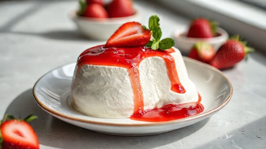 Taças de mousse de Leite Ninho com geleia de morango finalizadas com morangos frescos e aspecto cremoso