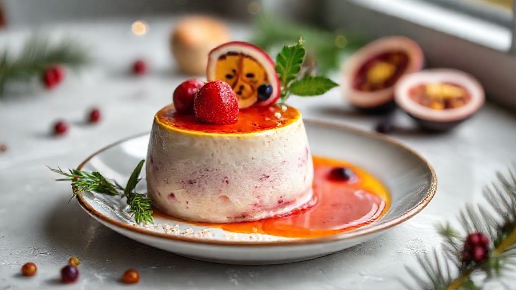 Taças de mousse de maracujá natalino cremoso com calda dourada e sementes visíveis, decoradas com folhas de hortelã