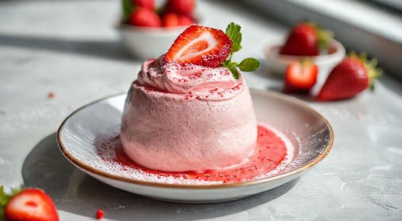 Taça de mousse cremosa de morango, cor vibrante, decorada com morangos frescos e raspas de chocolate branco.