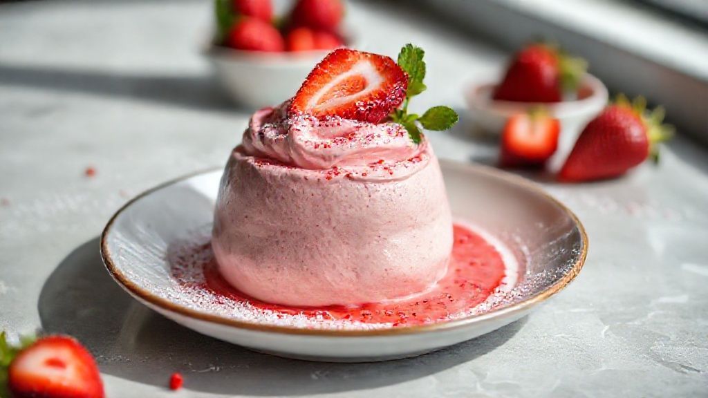 Taça de mousse de morango com suco em pó cremosa, decorada com morangos frescos e raspas de chocolate.