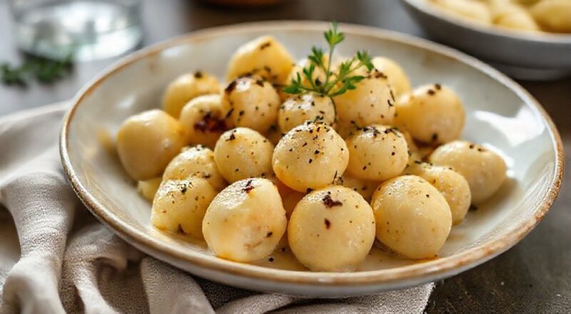 Prato de nhoque de batata caseiro com molho de tomate e folhas de manjericão, servido em travessa rústica