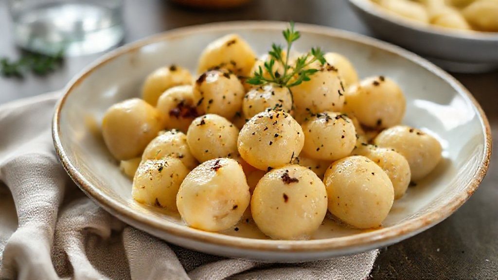 Prato de nhoque caseiro de batata com molho de tomate e manjericão, leve e apetitoso