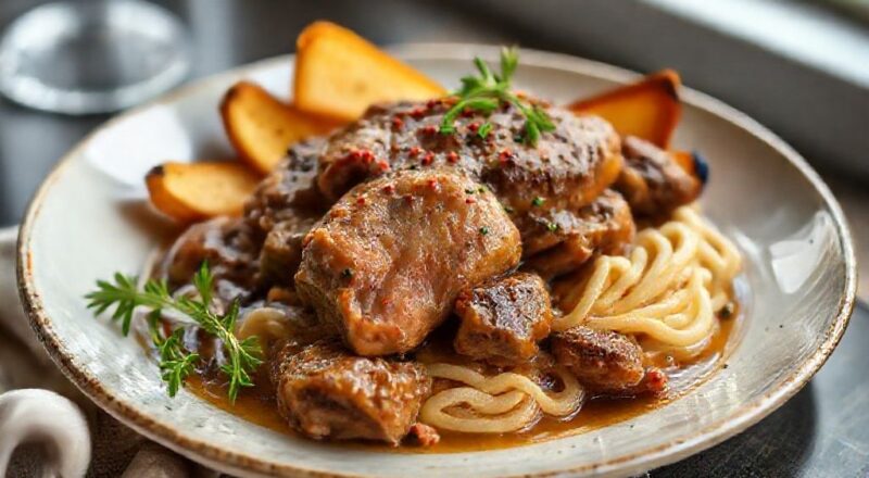 Prato de ossobuco assado dourado, com molho espesso e ervas, servido em travessa rústica