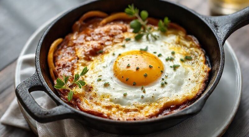 Ovo caipira dourado, gema brilhante e bordas crocantes servido direto da frigideira de ferro, visual rústico e convidativo