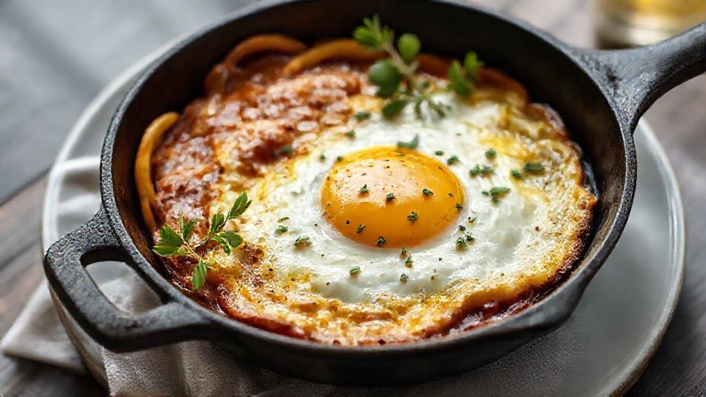 Ovo caipira dourado servido em uma frigideira de ferro curada, mostrando textura rústica e brilho apetitoso