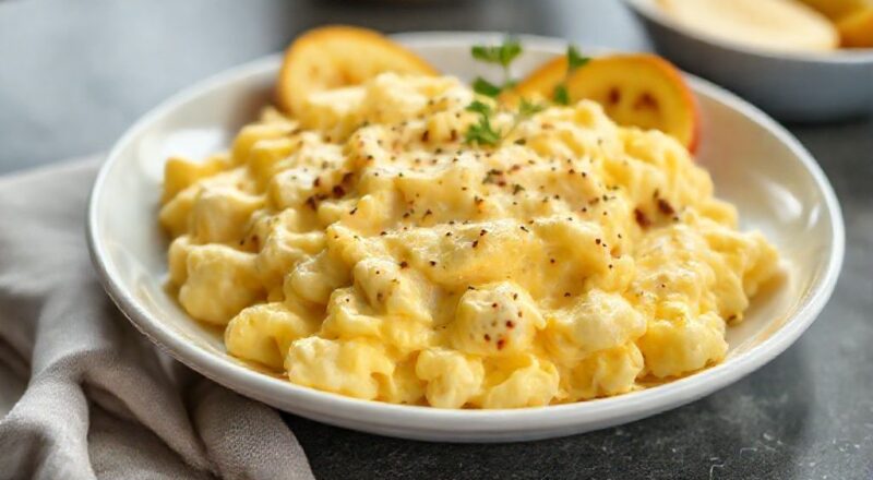 Prato de ovo mexido cremoso servido de forma elegante, textura brilhante e aveludada, pronto para o café da manhã