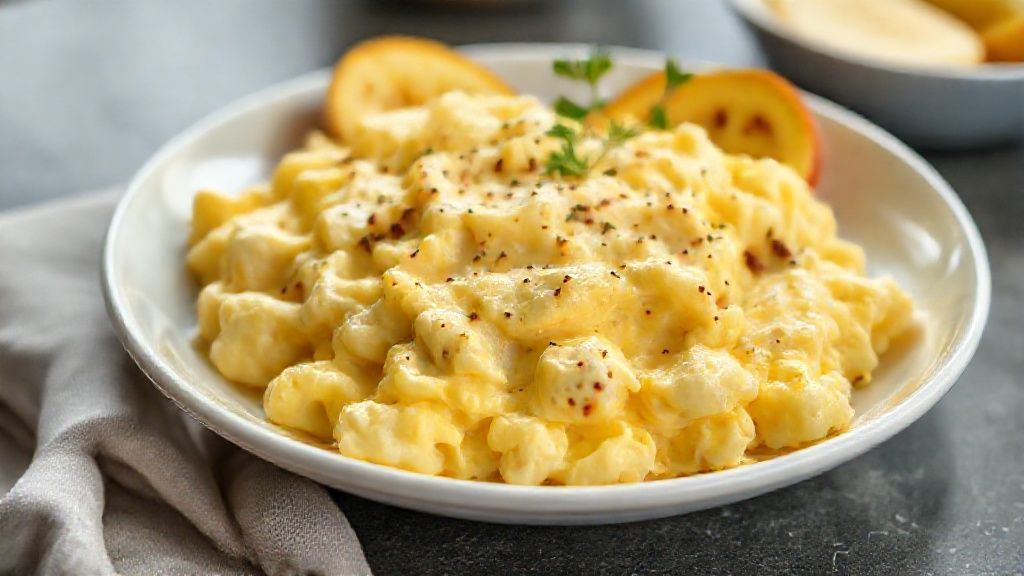 Ovo mexido cremoso sem manteiga servido em prato branco, textura leve e aveludada, ideal para café da manhã saudável