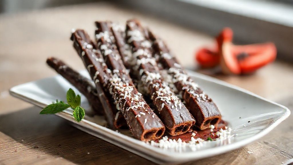 Palitinhos de chocolate crocantes e dourados cobertos com chocolate derretido, prontos para servir