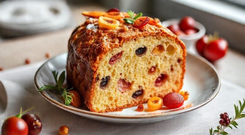 Panetone caseiro dourado e fofinho, repleto de frutas cristalizadas, cortado ao meio em uma mesa natalina