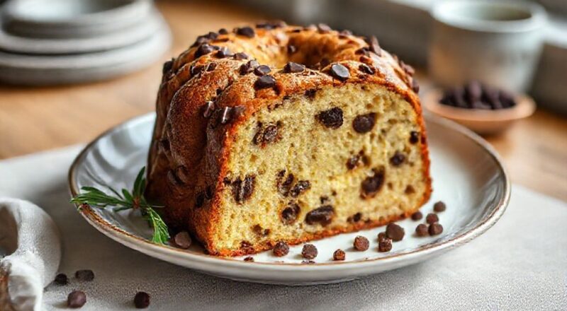 Panetone dourado, alto e fofo, repleto de gotas de chocolate, servido em uma mesa natalina