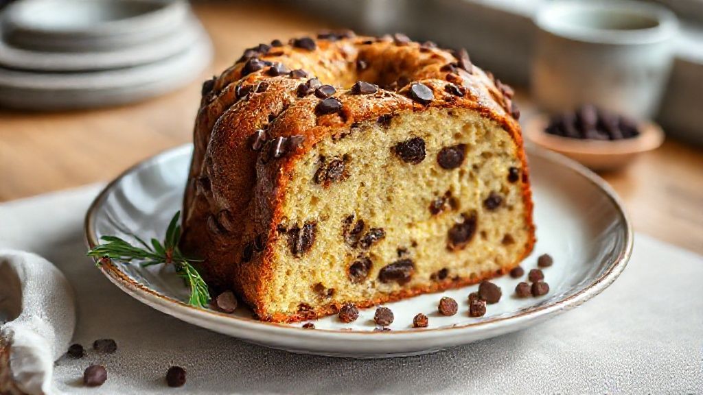 Panetone caseiro com gotas de chocolate dourado e fofo, decorado e pronto para servir