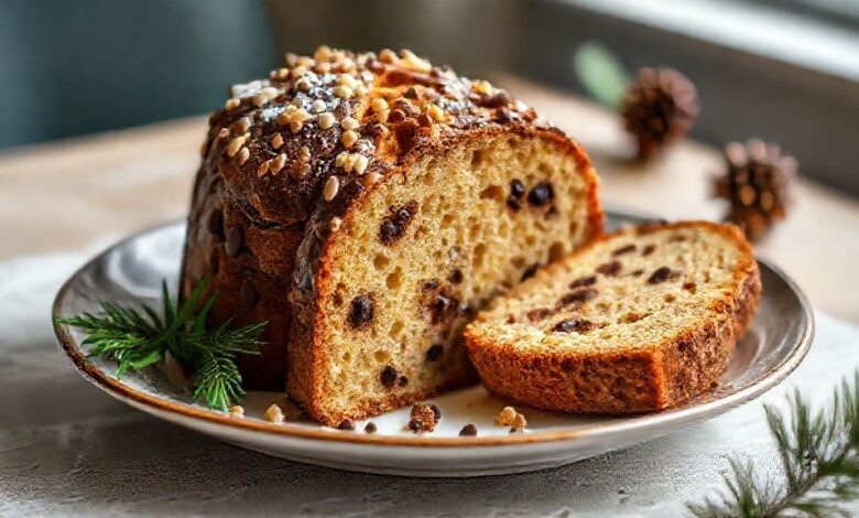 Panetone e chocotone prontos, dourados, recheados e decorados em uma mesa natalina elegante