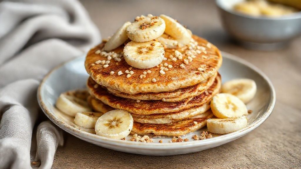 Panqueca de banana com aveia dourada empilhada com frutas frescas e mel, café da manhã saudável e apetitoso
