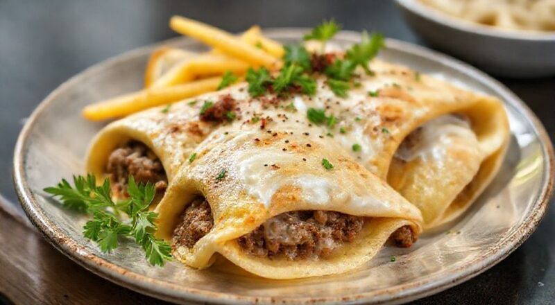 Panquecas enroladas gratinadas com queijo derretido e molho de tomate, servidas em refratário