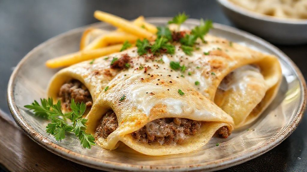 Panqueca de carne moída recheada cremosa gratinada com queijo derretido e molho vermelho