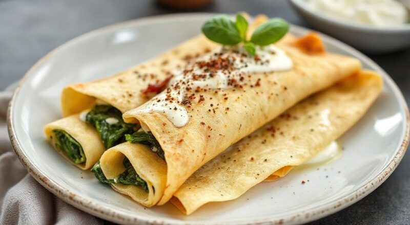 Panquecas de espinafre com ricota recheadas e cobertas com molho de tomate, servidas em prato claro e bem apresentadas