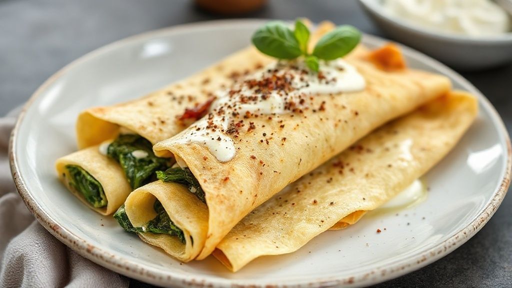 Panqueca de espinafre com ricota leve servida em prato branco, coberta com molho de tomate e ervas frescas.
