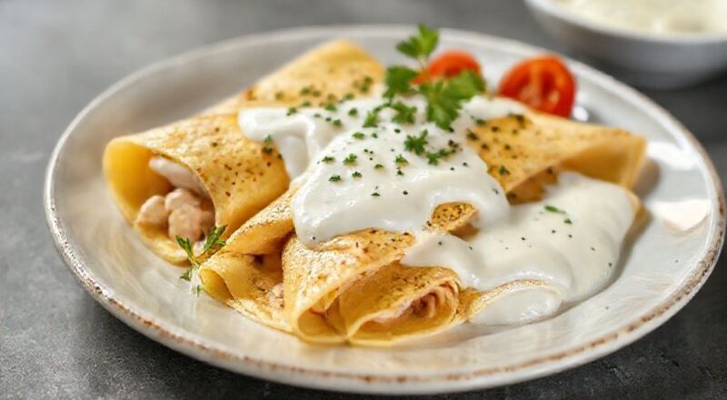 Panquecas gratinadas com frango e molho branco, douradas e cremosas, servidas em refratário elegante